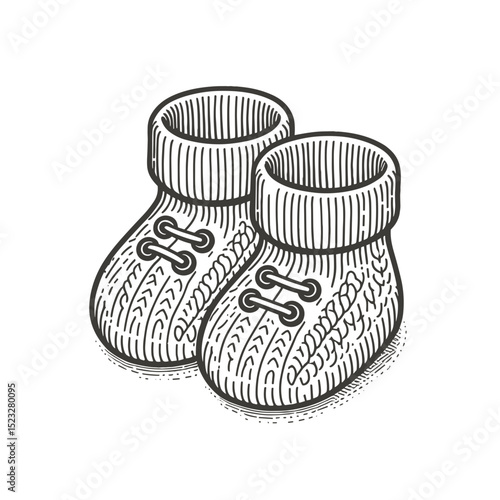 Knitted baby booties with cuff detail in black and white illustration  
