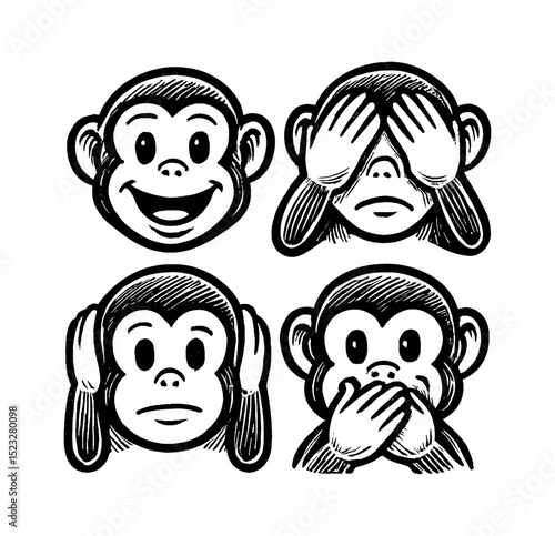 Four monkeys in different expressions illustration in black and white outline line art drawing