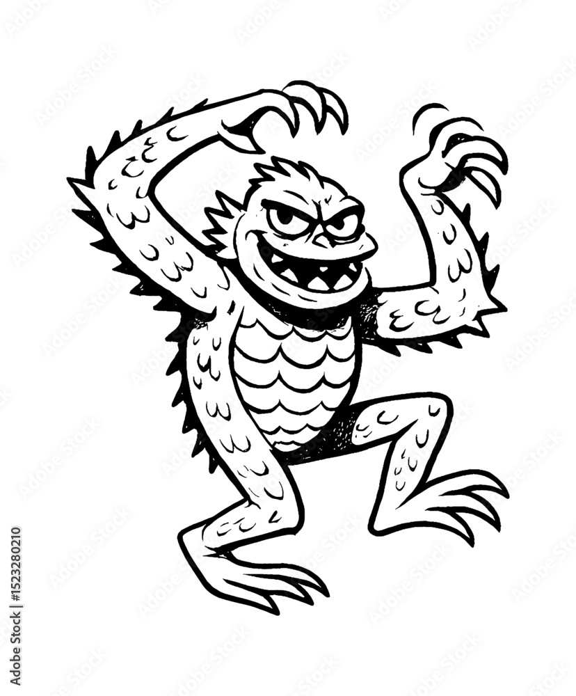 Cartoon Monster Raising Hands and Grinning in Black and White Detailed Illustration Line Art Cartoon Monster Raising Hands and Grinning in Black and White Detailed Illustration Line Art