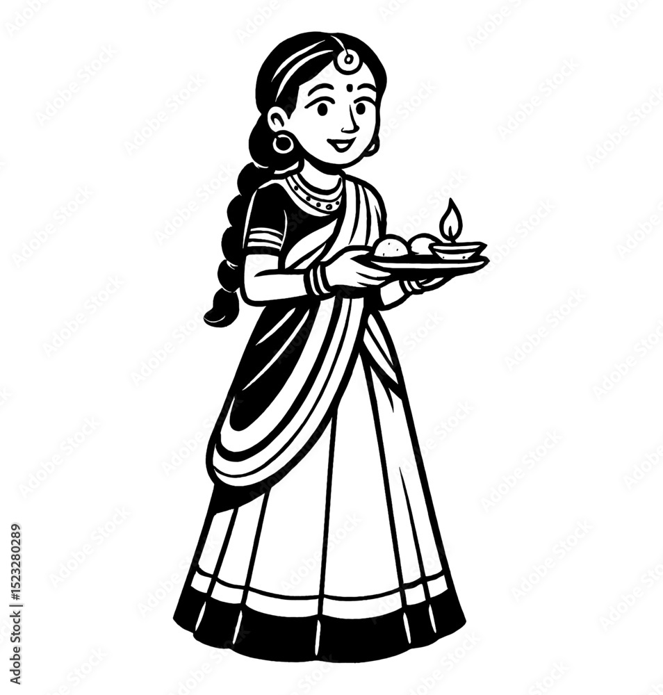 Indian Woman Holding Tray with Oil Lamp and Sweets in Traditional Dress Illustration Indian Woman Holding Tray with Oil Lamp and Sweets in Traditional Dress Illustration