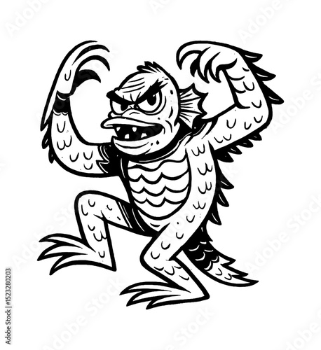 Illustration of Angry Creature with Sharp Claws Raising Arms in Defensive Stance Black and White