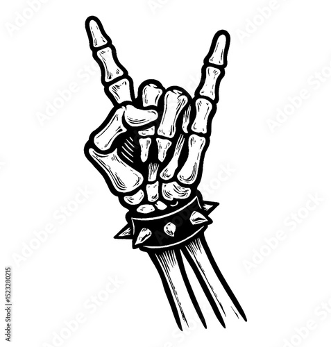 Skeleton Hand Showing Rock and Roll Sign with Spiked Bracelet Detailed Illustration