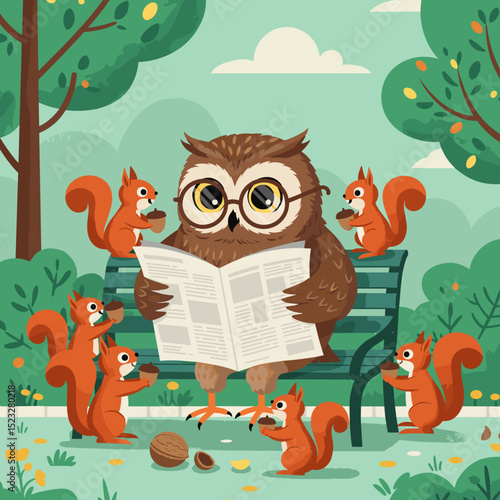 Owl reading a newspaper while surrounded by squirrels in a park  