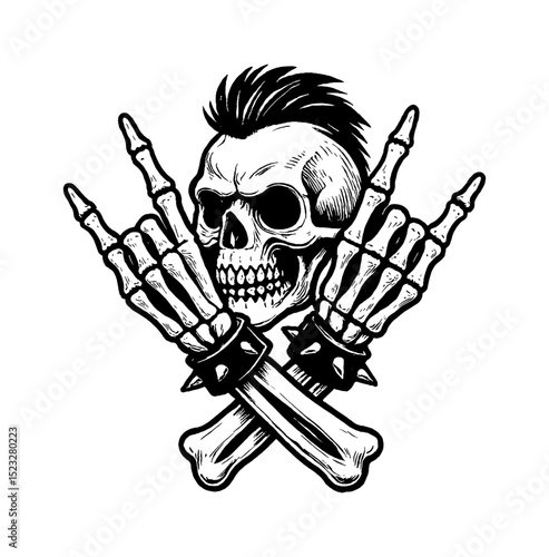 Skull with Mohawk Making Rock and Roll Sign with Hands in Black and White Style