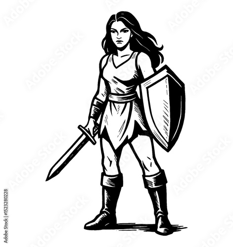 Illustration of a Warrior Woman with Sword and Shield in Black and White