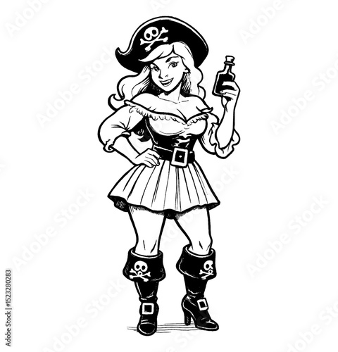 Blonde Caucasian woman in pirate costume holding bottle with smiling and standing pose in cartoon drawing