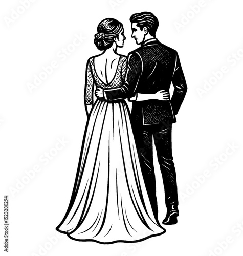 Romantic Couple Embracing Each Other From Behind in Formal Wear in Black and White Engraving