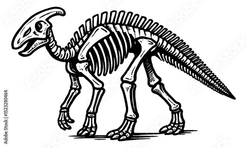 Parasaurolophus Dinosaur Skeleton Walking in Detailed Black and White Engraving Style Illustration