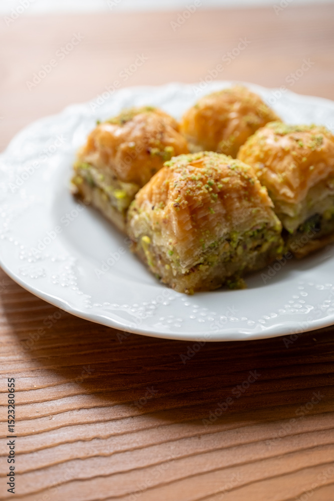 Traditional Turkish homemade baklava on white plate in close-up Traditional Turkish homemade baklava on white plate in close-up