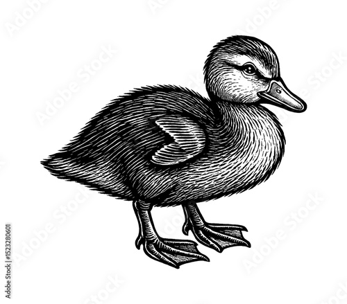 Detailed Black and White Engraving of a Duckling Standing on a White Background