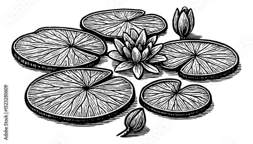 Water Lily Pads and Flowers Detailed Engraving Black and White Illustration Isolated on White Background