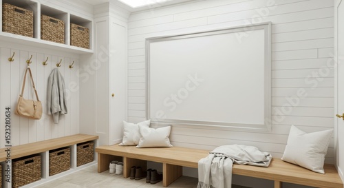 Bright Farmhouse Mudroom with Large Horizontal Silver Frame Mockup on Shiplap Wall
