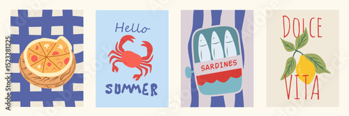 Abstract posters in minimalist style. Italian wall art decor, trendy banners of summer, lemon, sardines, crab, pizza in the cartoon style. Mediterranean decor of wallpaper, walls, print and postcards.