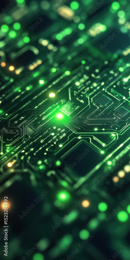 Obraz premium Detailed futuristic green line electronic chip diagram background. Features glowing pathways and components, representing complex digital systems, technology, and data flow.