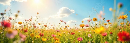 A vibrant sunlit field of wildflowers swaying gently in the breeze, embodying pure joy and carefree bliss Perfect for illustrating concepts of happiness, optimism, and well-being , light, botany