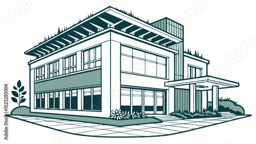 Modern Building with Green Roof and Landscaping Illustration