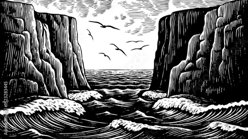 Black and white sketch vector of cliffs by the ocean with crashing waves and seabirds flying