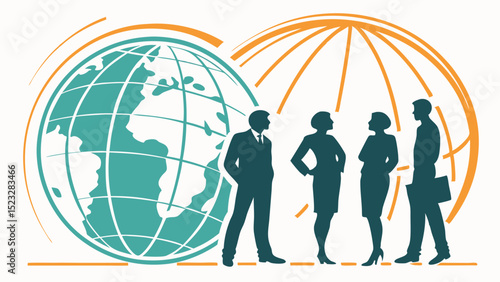 Global Business Team Silhouettes of Professionals and Earth Globe