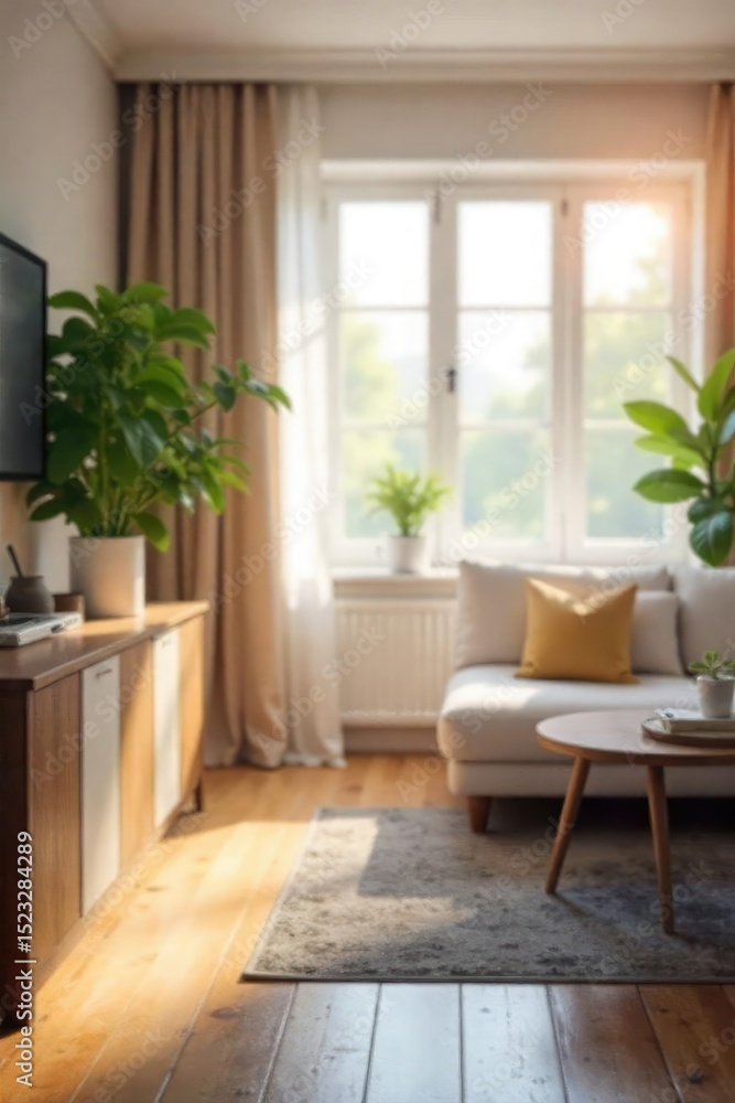 Fototapeta premium Abstract blurred interior scene, soft focus, bokeh effect, light and airy feel, perfect for background or design element Ideal for home decor, lifestyle, and advertising projects , cozy, furniture