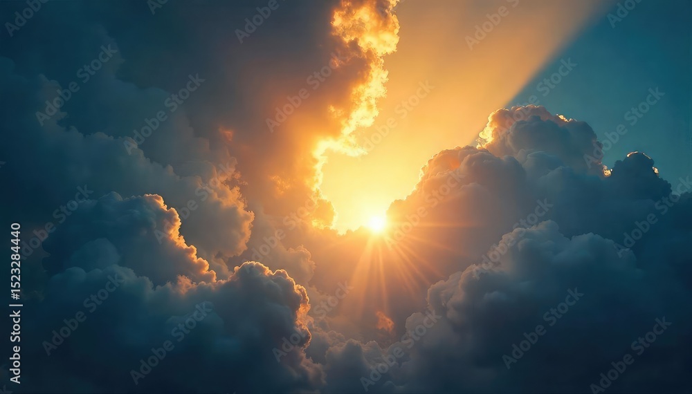 Fototapeta premium A symbolic image depicting Christian salvation; a bright light shining through dark clouds, representing hope and deliverance from sin and despair , sky, faith, spirit