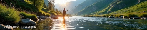 A lone trout fly fisherman casts his line on a pristine mountain stream, the sun glistening off the water The tranquil scene is perfect for fly fishing enthusiasts , riverbank, outdoors, fish