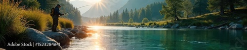 A lone trout fly fisherman casts his line on a pristine mountain stream, the sun glistening off the water The tranquil scene is perfect for fly fishing enthusiasts , angling, vegetation