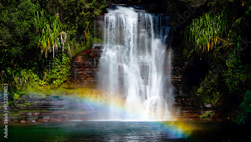 Rainbow cascading over a lush waterfall in a rainforest. Majestic waterfall cascading into a pool with lush greenery and a vibrant rainbow displayed at the bottom.