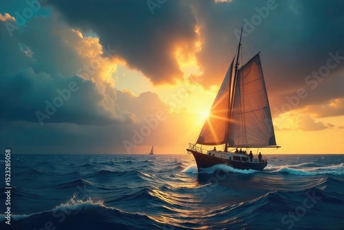 A lone sailboat navigates stormy seas, its sails full, heading towards a calm, sunlit horizon, symbolizing hope and deliverance from adversity , horizon, boat