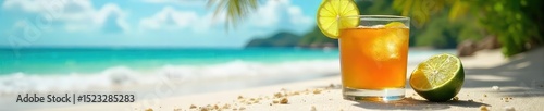A refreshing glass of amber rum sits on a sun-drenched beach, garnished with a lime wedge and surrounded by tropical foliage The perfect summer escape , ice, citrus, bright