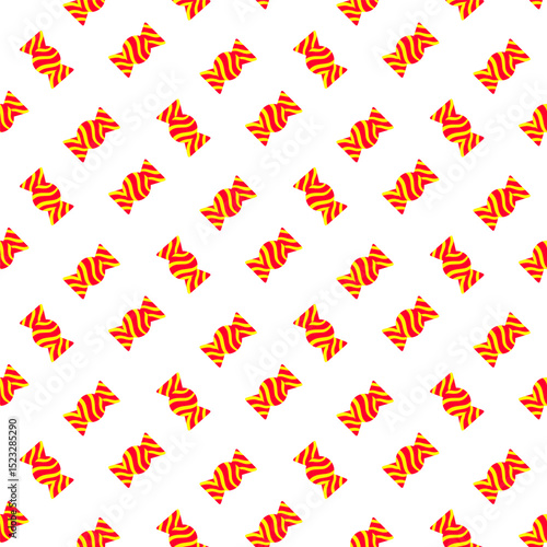 Wrapped Candy in bright colors seamless pattern. Doodle sweet treat for holiday themes. Orange, yellow and red stripes. Repeating Candy image perfect for Valentine or Candy artwork, wrapping paper.