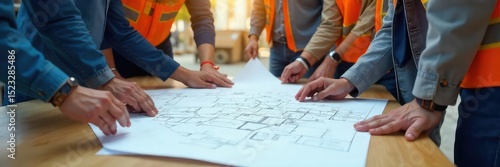 A team of hard hats and blueprints reviewing a construction site plan, ensuring accuracy and safety , worker, technical, planning