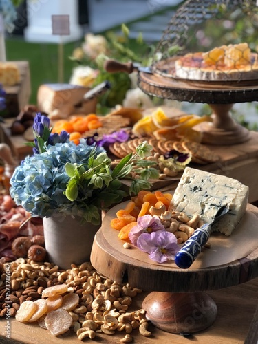 Elegant Cheese Board with Dried Fruit, Nuts, and Floral Garnishes at an Outdoor Event”