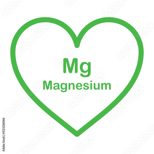 Magnesium Mg symbol inside of a green heart isolated on white background, vector illustration icon flat outline design. Healt care concept sign. Magnesium supplement b6 vitamin food Mg potassium.