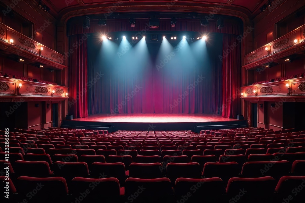 Fototapeta premium Empty bleachers in a grand theater, spotlight illuminating the stage, ready for a performance A sense of anticipation hangs in the air before the curtain rises , venue, spectators