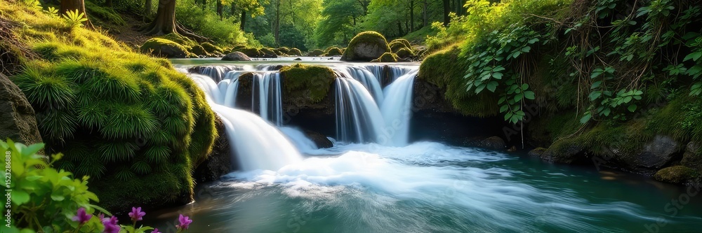 Fototapeta premium A vibrant spring cascade tumbles down moss-covered rocks, sunlight illuminating the cascading water and lush greenery Perfect for nature, travel, and environmental themes , tranquility, flowing