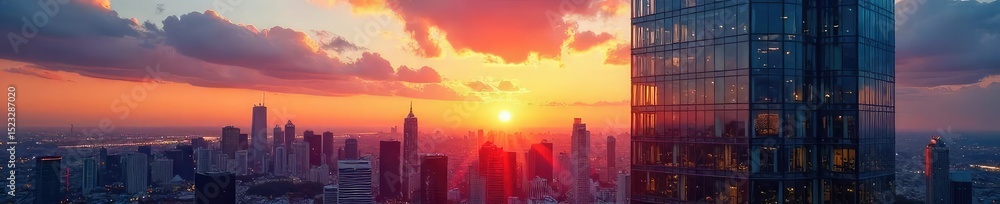 Fototapeta premium Sleek modern glass office tower reflecting the city skyline at sunset Perfect for corporate, real estate, and architectural projects Shows ambition and success , progress, landmark