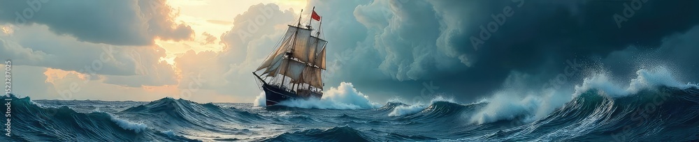 Fototapeta premium A majestic sailing ship battles a furious storm at sea, waves crashing against its hull, conveying a sense of powerful, untamed emotion , horizon, beauty