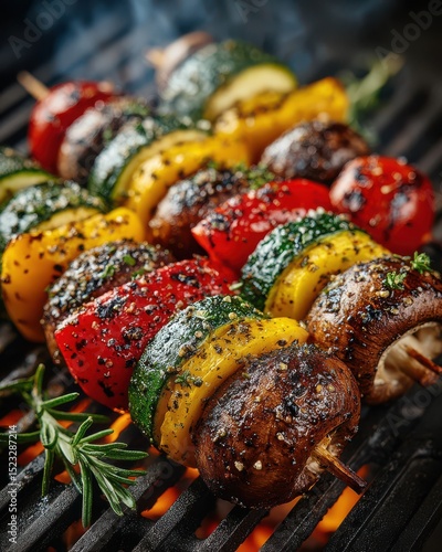 Close-up view of grilled vegetable skewers featu zucchini, bell peppers, tomatoes, and mushrooms seasoned with herbs on a barbecue grill outdoors now showing grill marks.