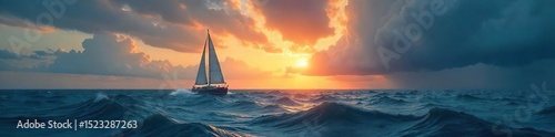 A lone sailboat braves a stormy sea under a dramatic sky, embodying courage and the thrill of exploration , sail, grey, sea