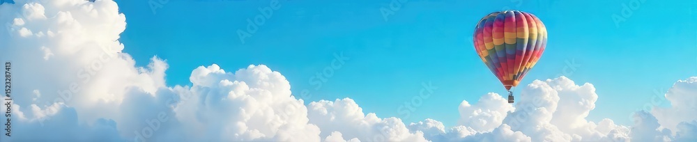 Naklejka premium A vibrant blue sky stretches endlessly above a hot air balloon, gently drifting amidst fluffy white clouds Perfect for travel, adventure, and freedom themes , elevation, tranquility