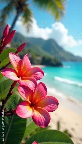 Lush frangipani blossoms in vibrant hues against a backdrop of the stunning Hawaiian Islands Sun-drenched petals, tropical paradise, island escape , pacific ocean, flora