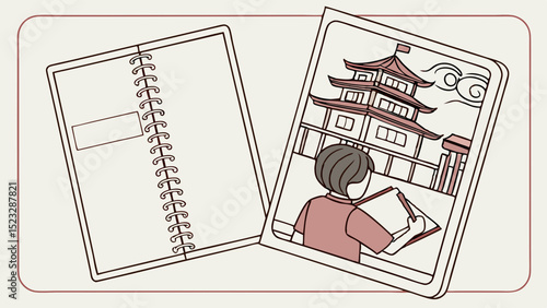 Open notebooks one blank one with a drawing of a pagoda