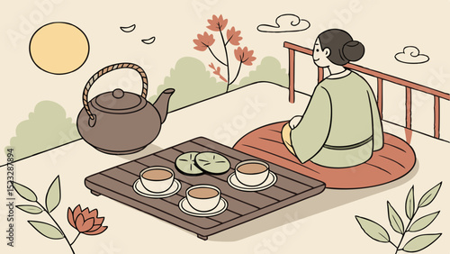 Woman enjoying tea ceremony on a rooftop terrace