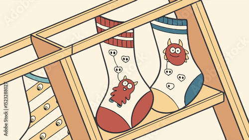 Cartoon Socks with Monster Designs on a Wooden Shelf