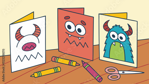 Colorful monster greeting cards and craft supplies