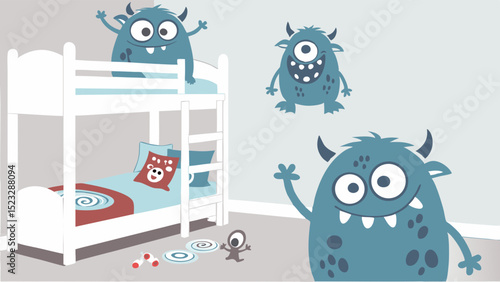 Cartoon Monsters in a Childs Room with Bunk Bed