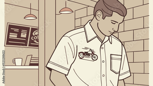 Illustrated man with motorcycle emblem on shirt in a cafe setting