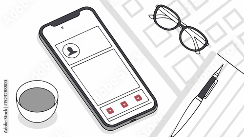 Modern Workspace Illustration Featuring Smartphone Glasses and Pen