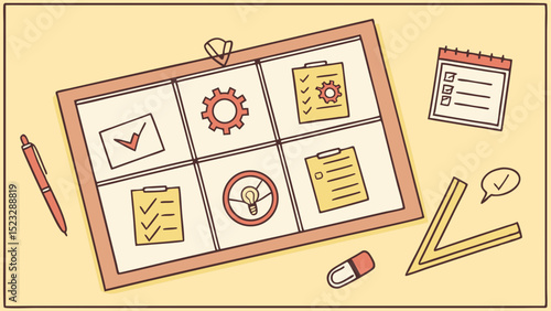 Illustrated Planning Board with Checklist and Various Business Icons