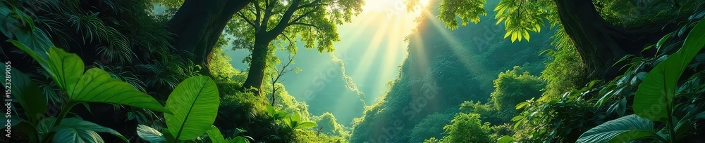 Obraz premium Lush, vibrant rainforest teeming with life Sunlight filters through the dense canopy, illuminating the vibrant flora and fauna below A hidden paradise untouched by time , oxygen, nature